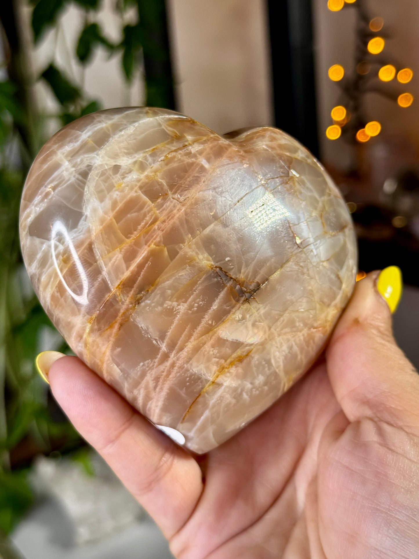 Flashy Peach Moonstone Heart with stand  | 384g