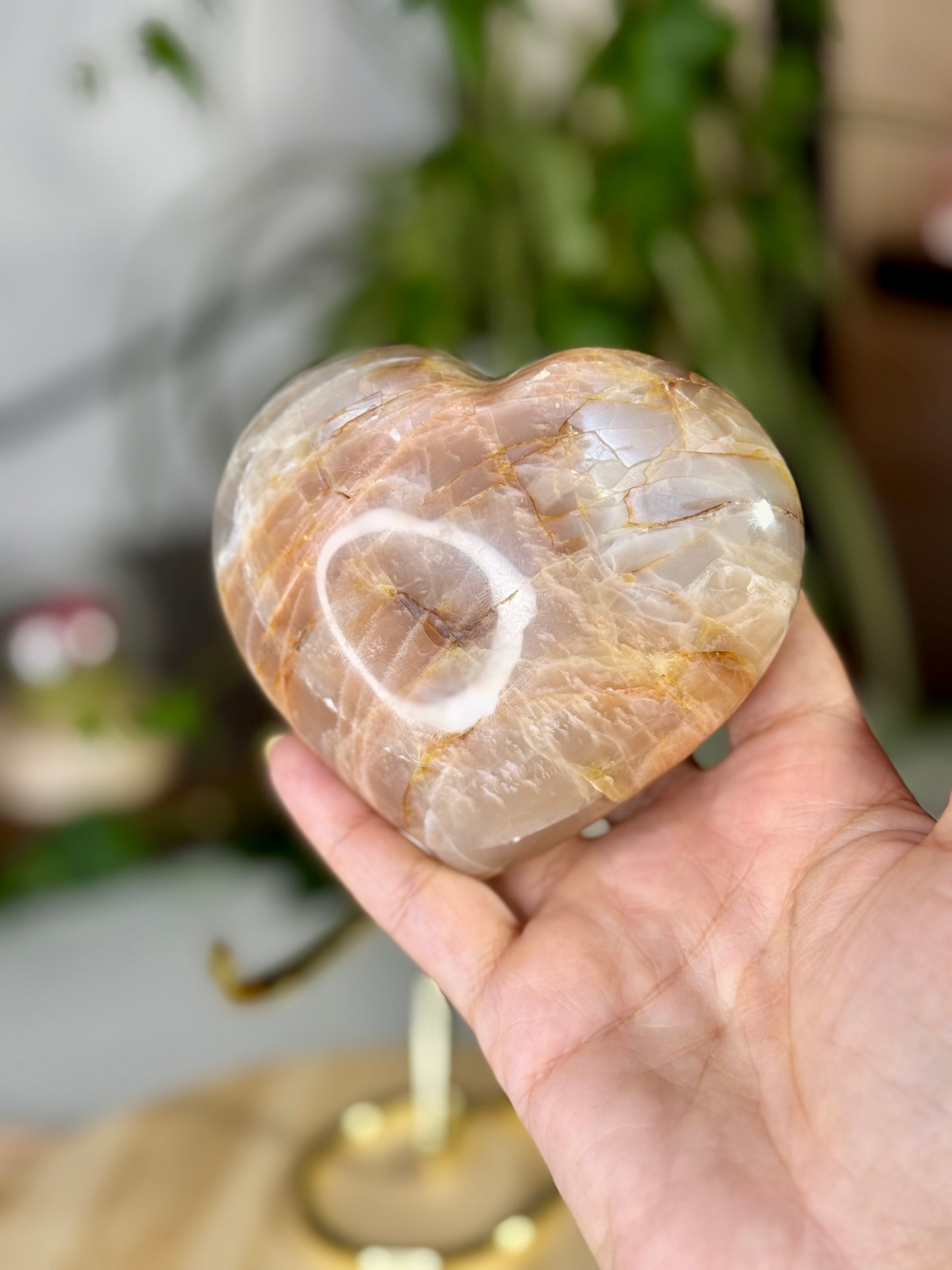Flashy Peach Moonstone Heart with stand  | 384g