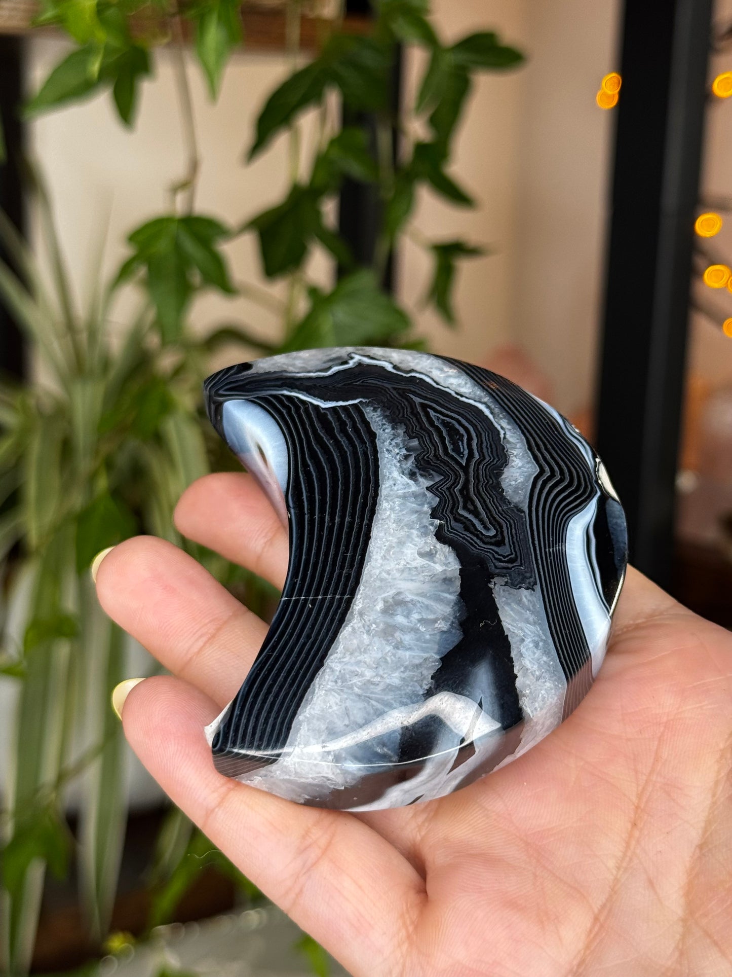 Black & Druzy Agate Moon with stand | 158g