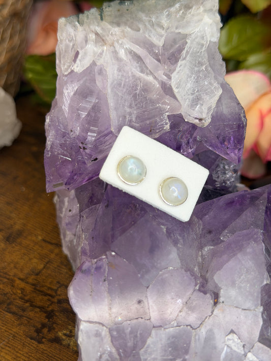 925 Silver Polished Moonstone Stud Earrings | Handmade