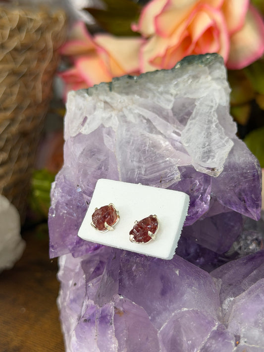 925 Silver Raw Garnet Stud Earrings | Handmade