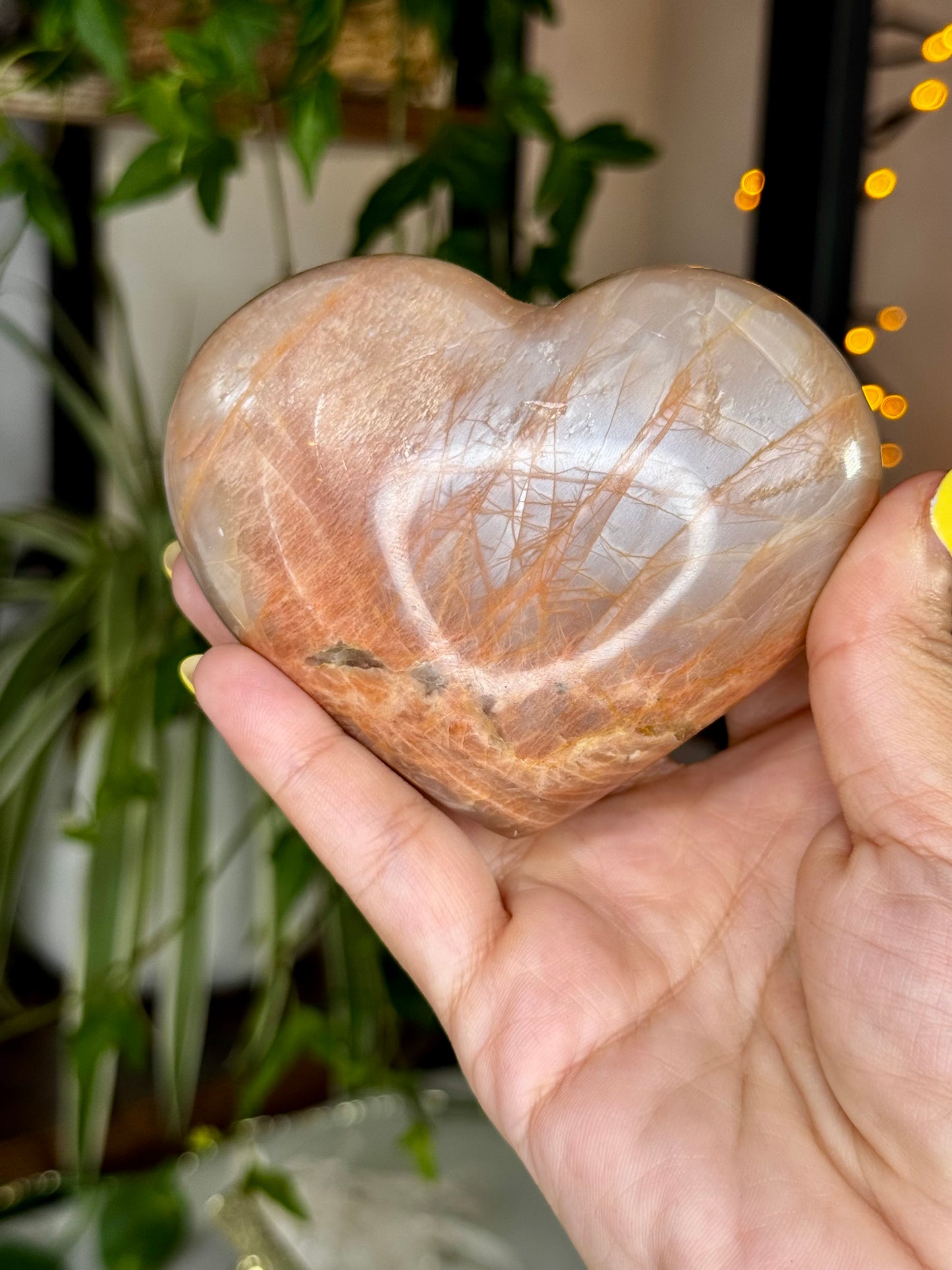 Flashy Peach Moonstone Heart with stand  | 331g
