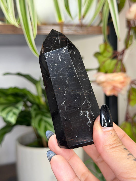 Black Tourmaline Tower with Hematite | 111g - The Crystal Valley