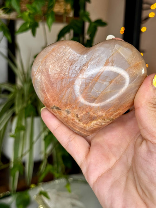 Flashy Peach Moonstone Heart with stand | 331g - The Crystal Valley