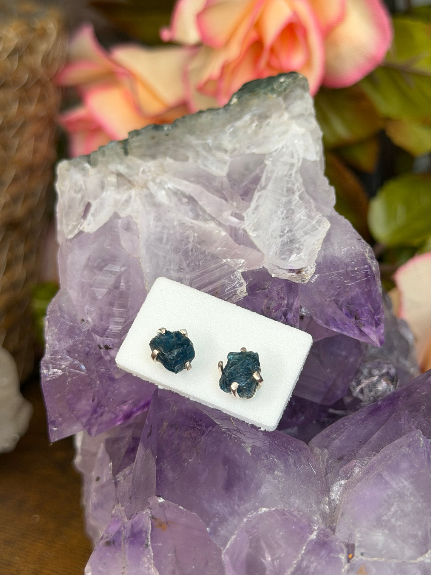 925 Silver Raw Blue Apatite Stud Earrings | Handmade