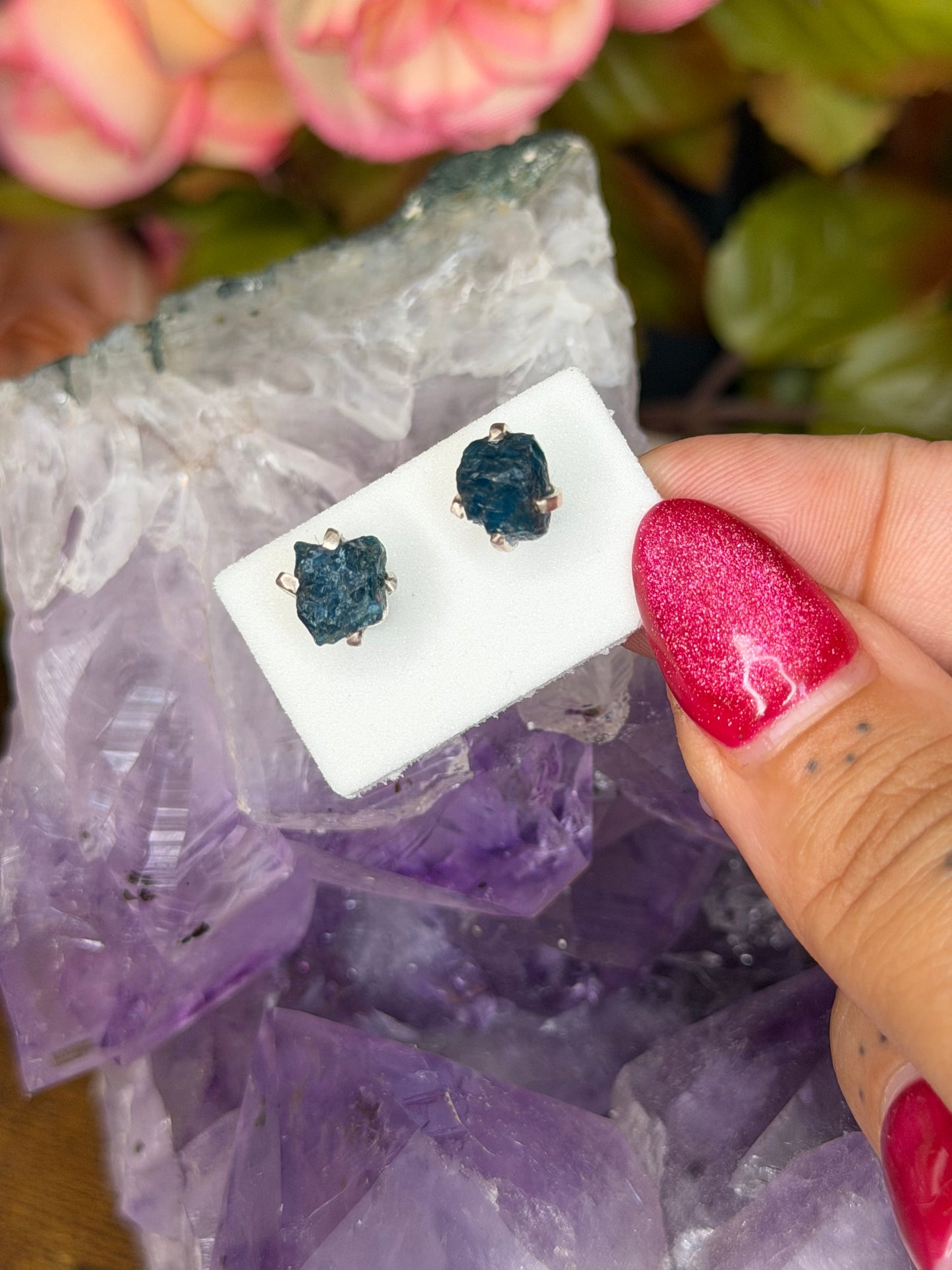 925 Silver Raw Blue Apatite Stud Earrings | Handmade