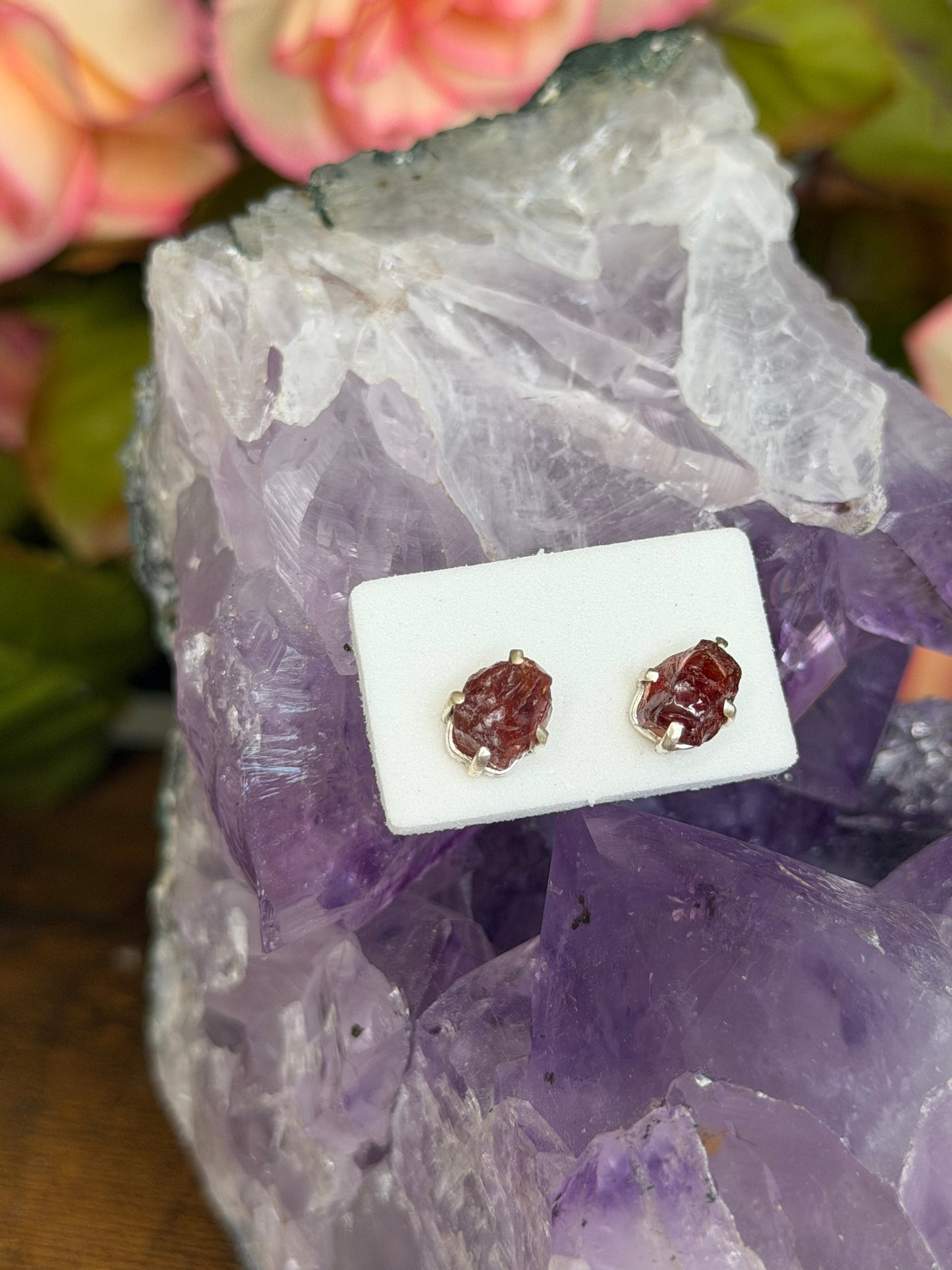925 Silver Raw Garnet Stud Earrings | Handmade