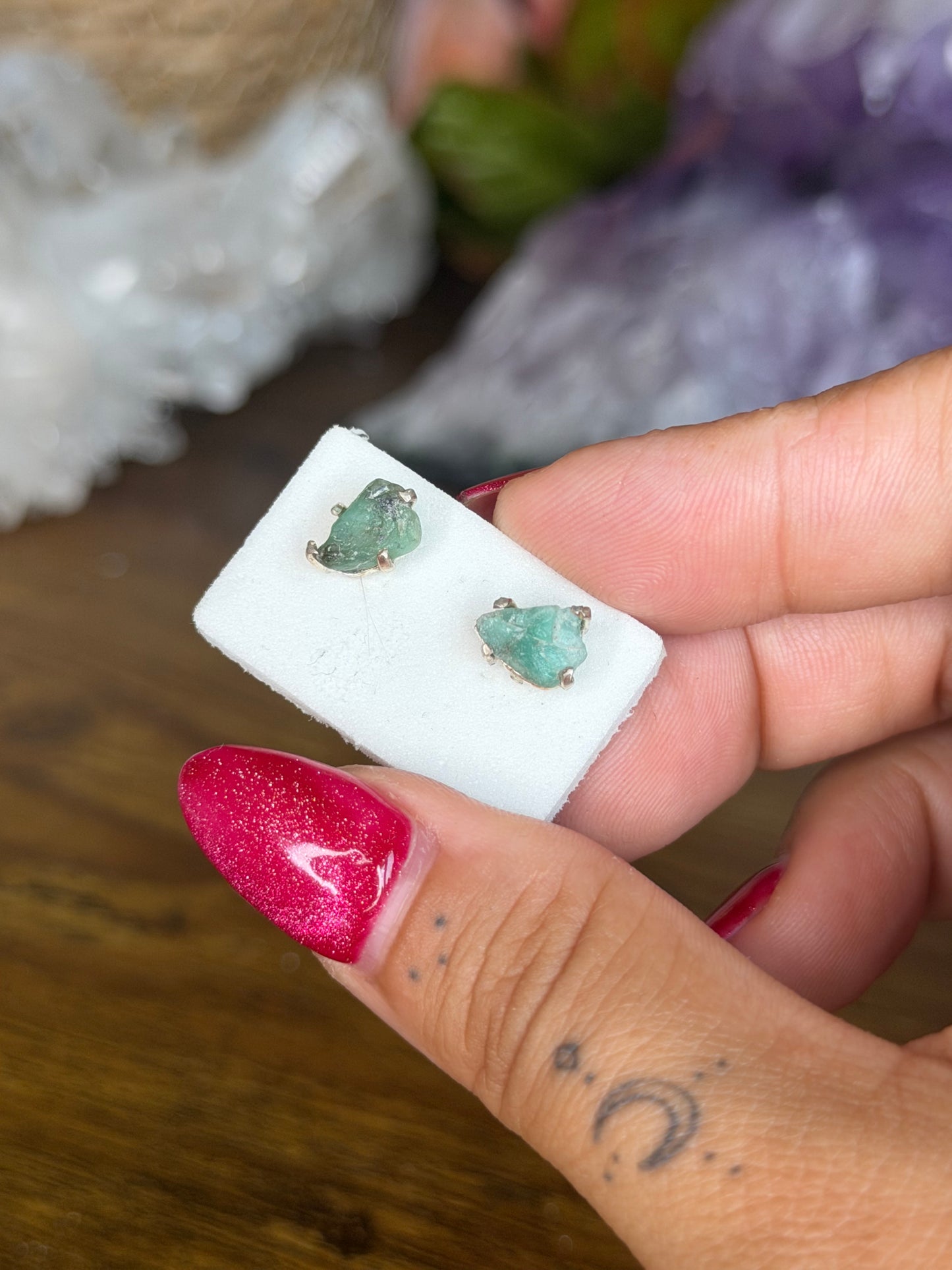 925 Silver Raw Emerald Stud Earrings | Handmade