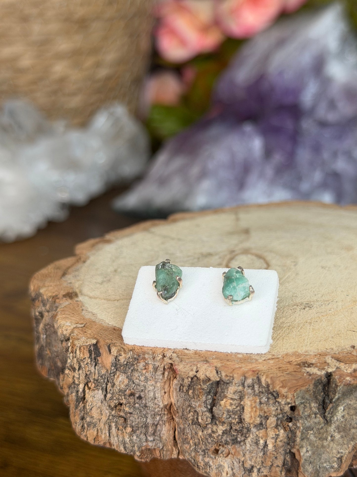 925 Silver Raw Emerald Stud Earrings | Handmade