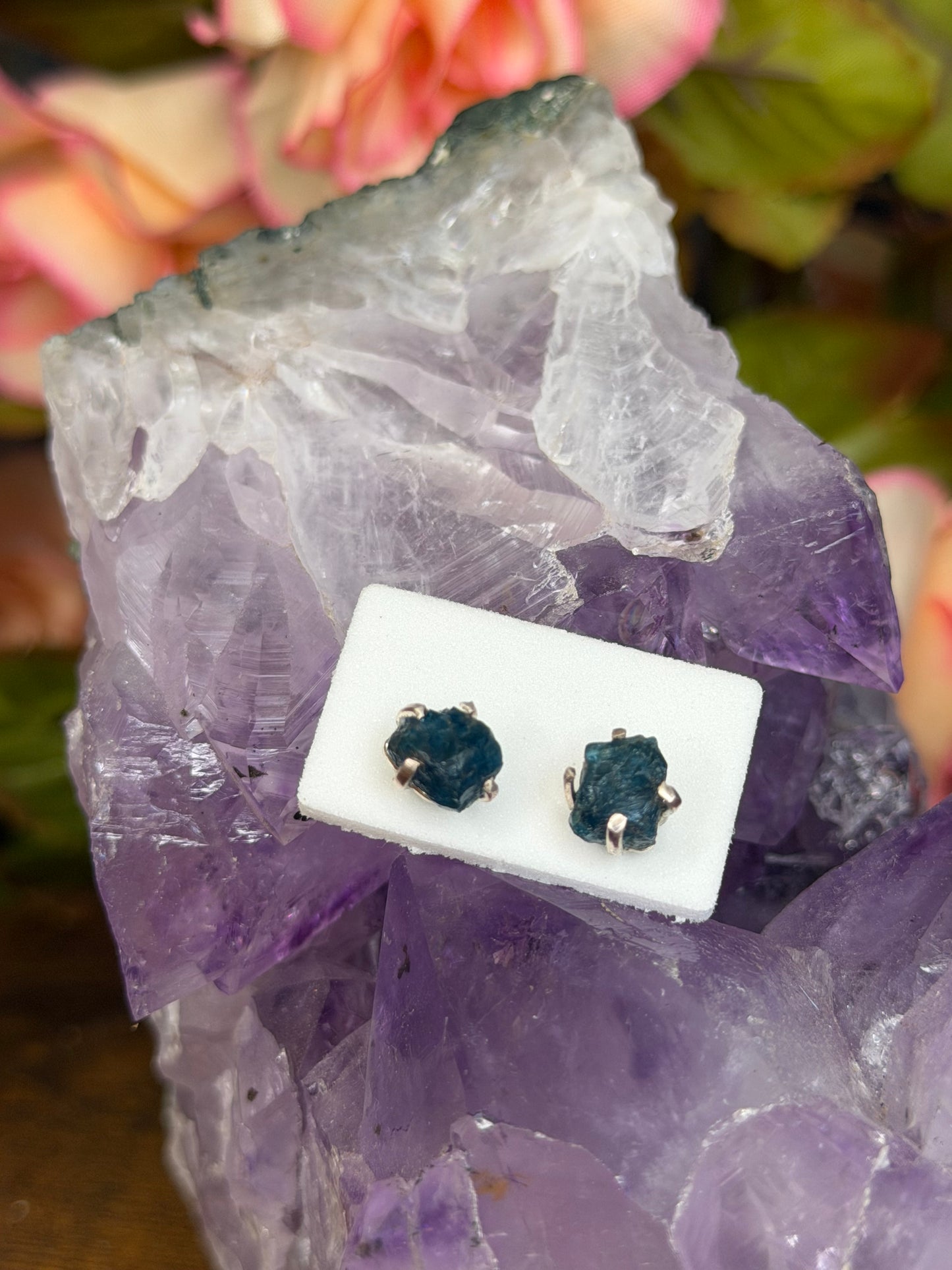 925 Silver Raw Blue Apatite Stud Earrings | Handmade