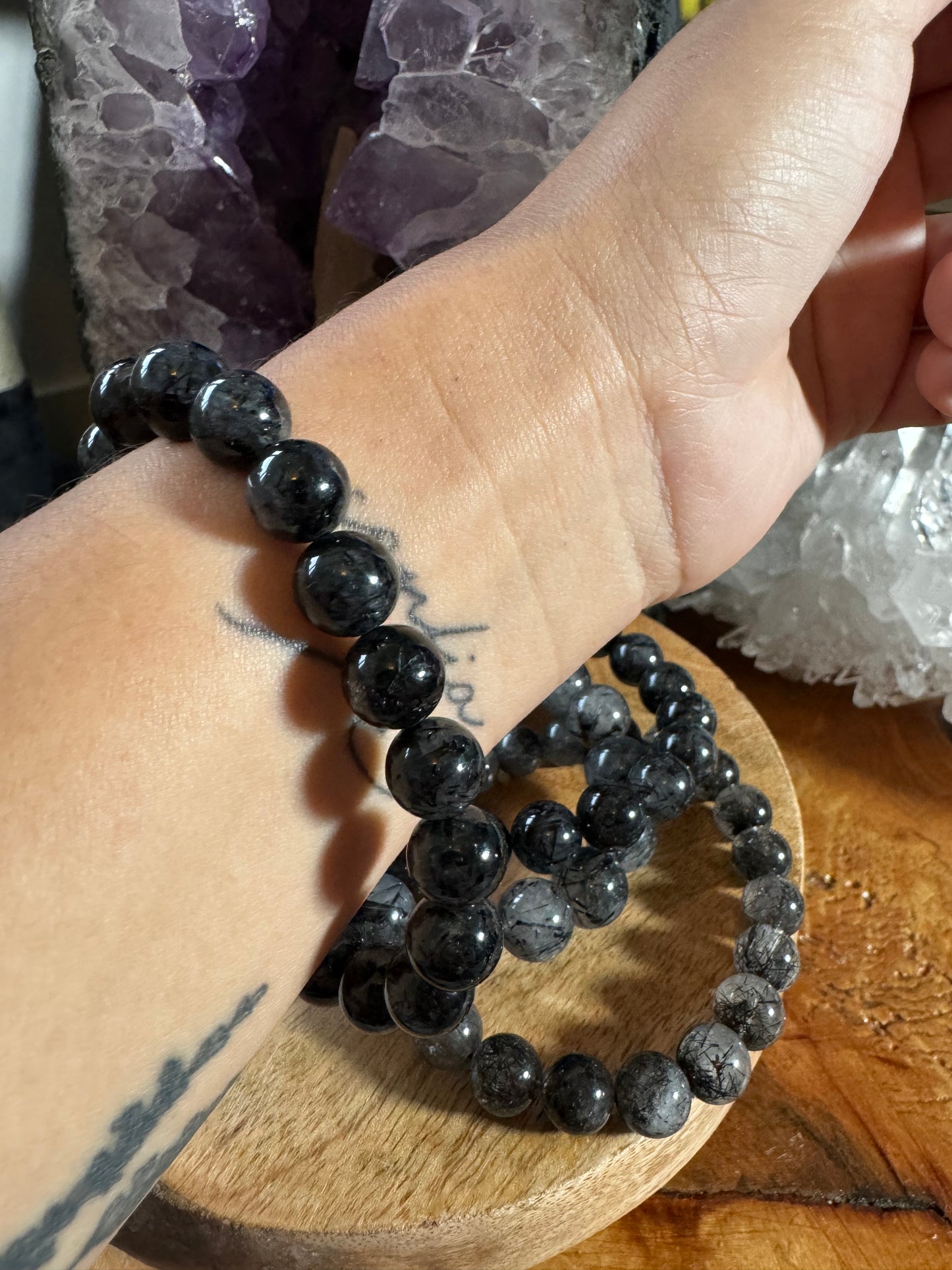 Black Tourmaline on Quartz Bracelet