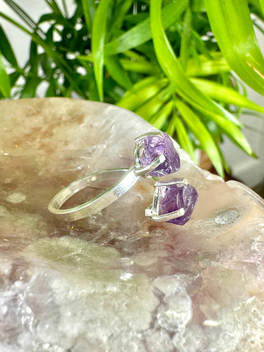 925 Silver Adjustable Amethyst Double Ring | Handmade