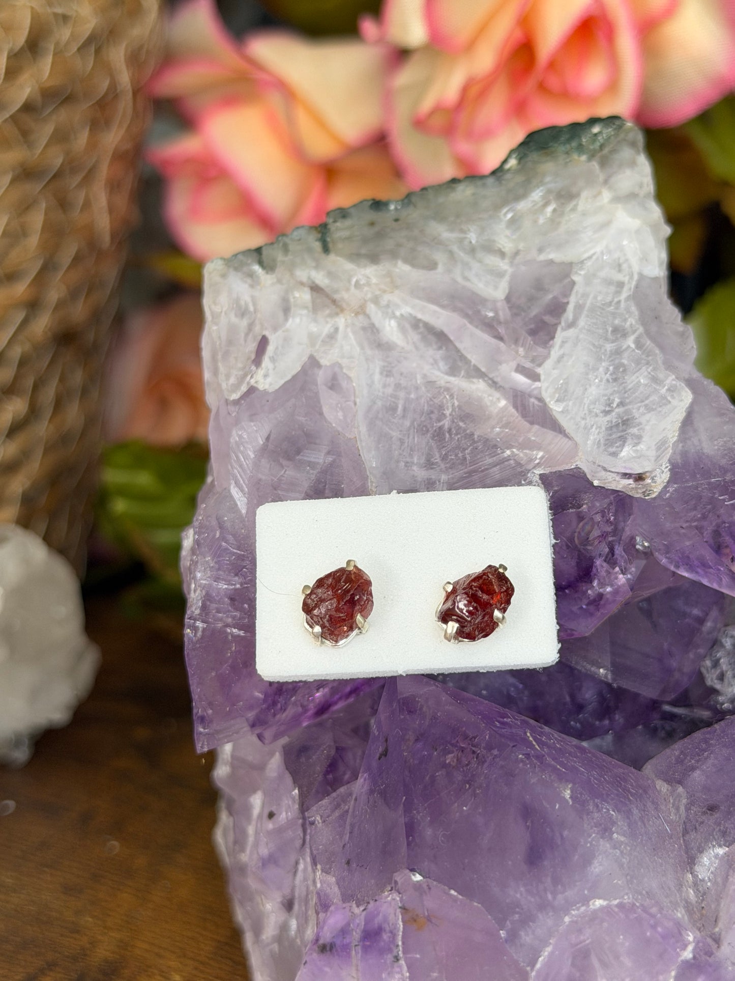 925 Silver Raw Garnet Stud Earrings | Handmade