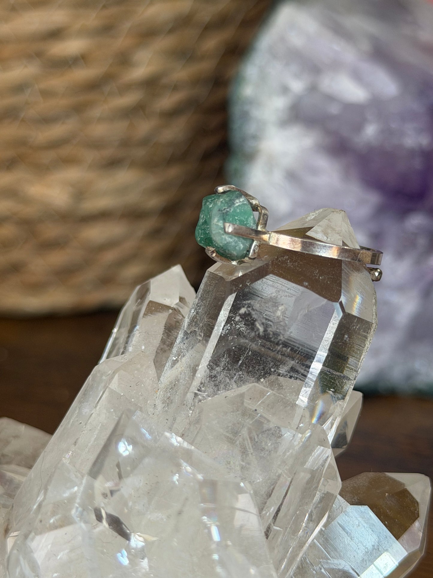 925 Silver Adjustable Raw Emerald Ring | Handmade