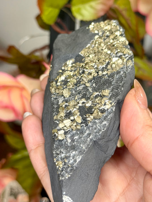 Pyrite Specimen on Basalt Base with Stand | (200g)