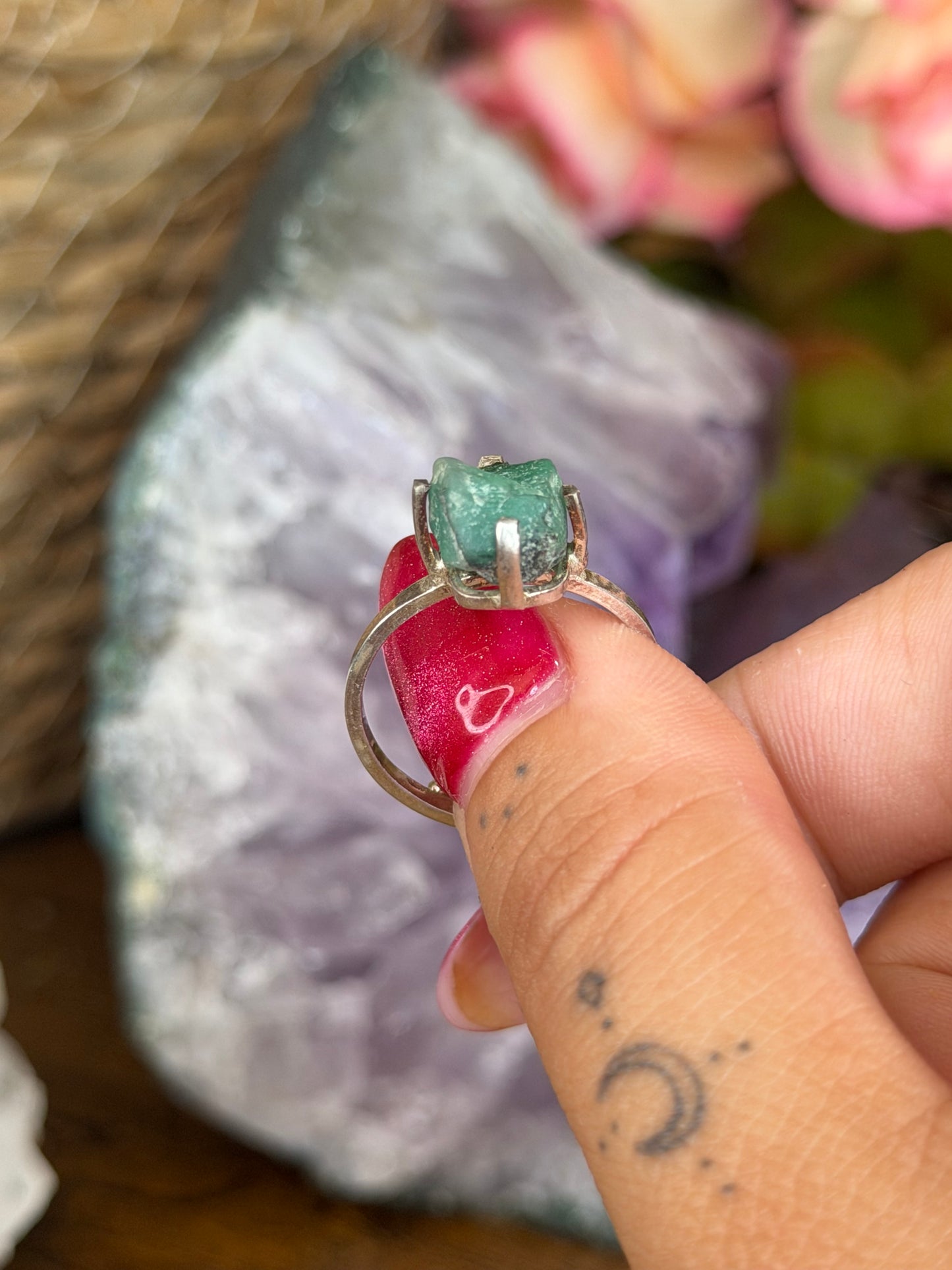 925 Silver Adjustable Raw Emerald Ring | Handmade