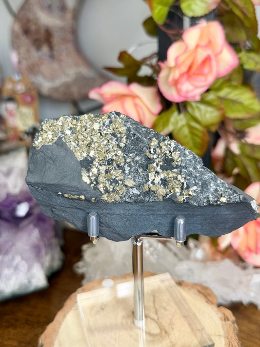Pyrite Specimen on Basalt Base with Stand | (200g)