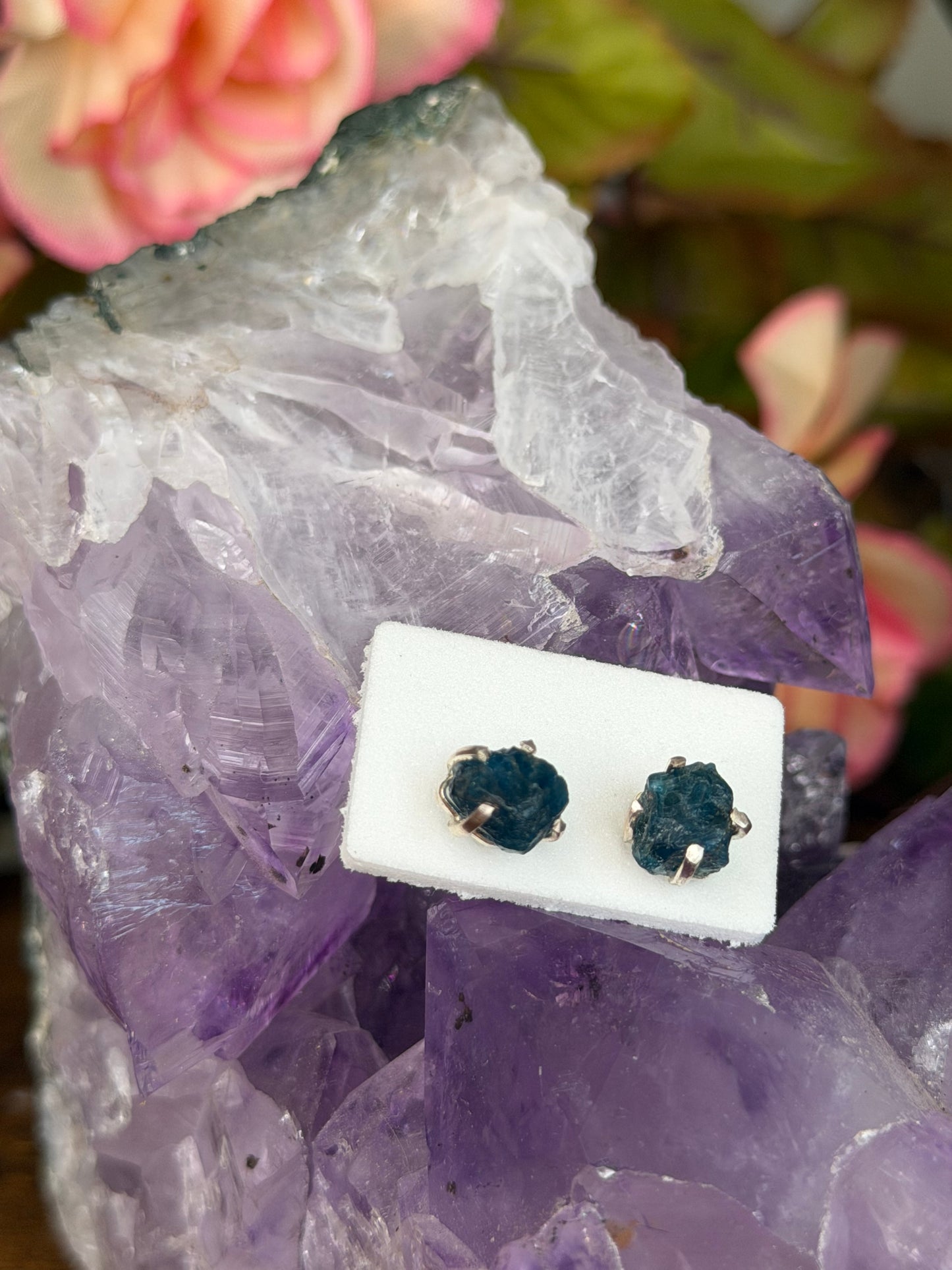 925 Silver Raw Blue Apatite Stud Earrings | Handmade