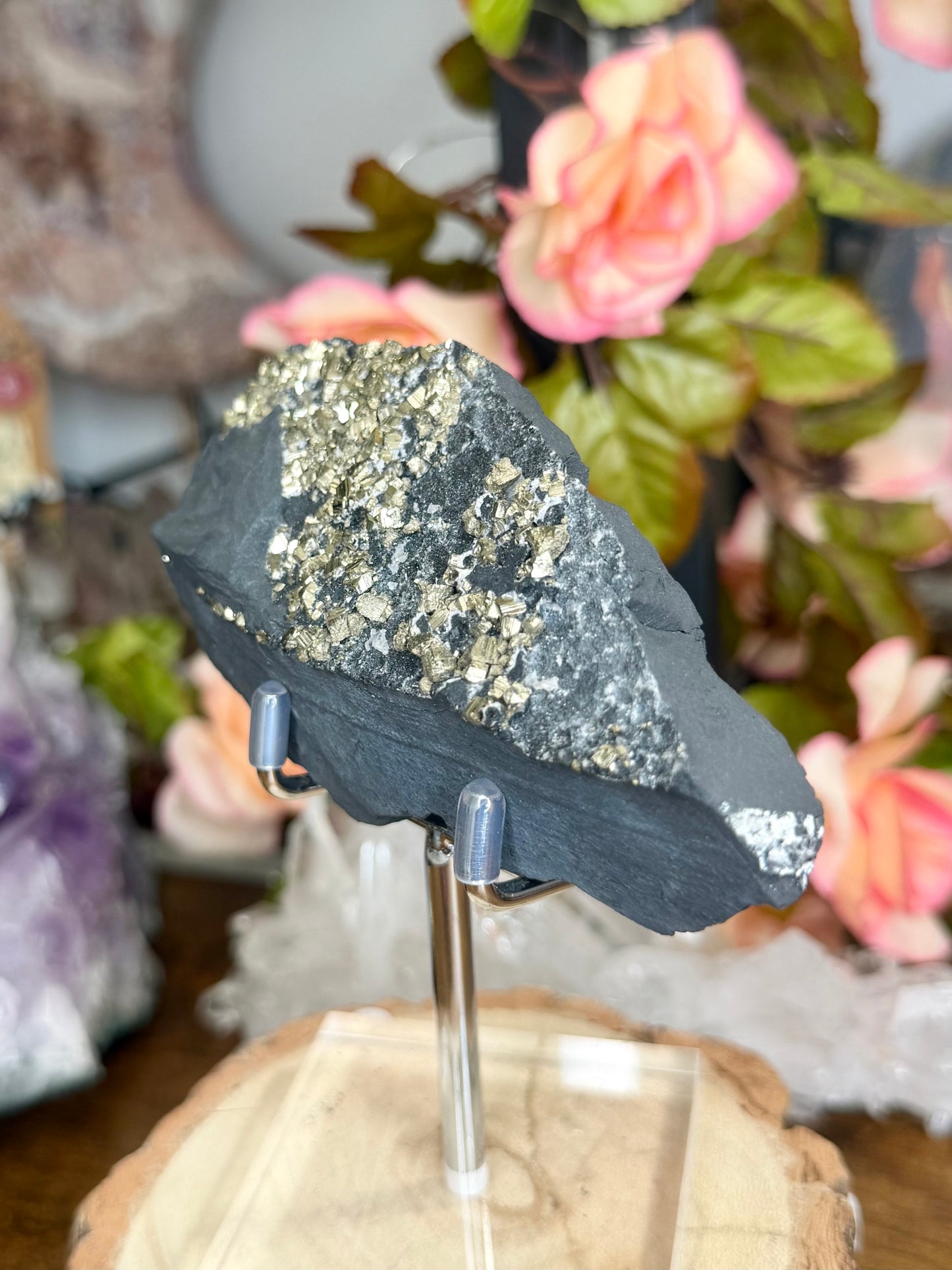 Pyrite Specimen on Basalt Base with Stand | (200g)