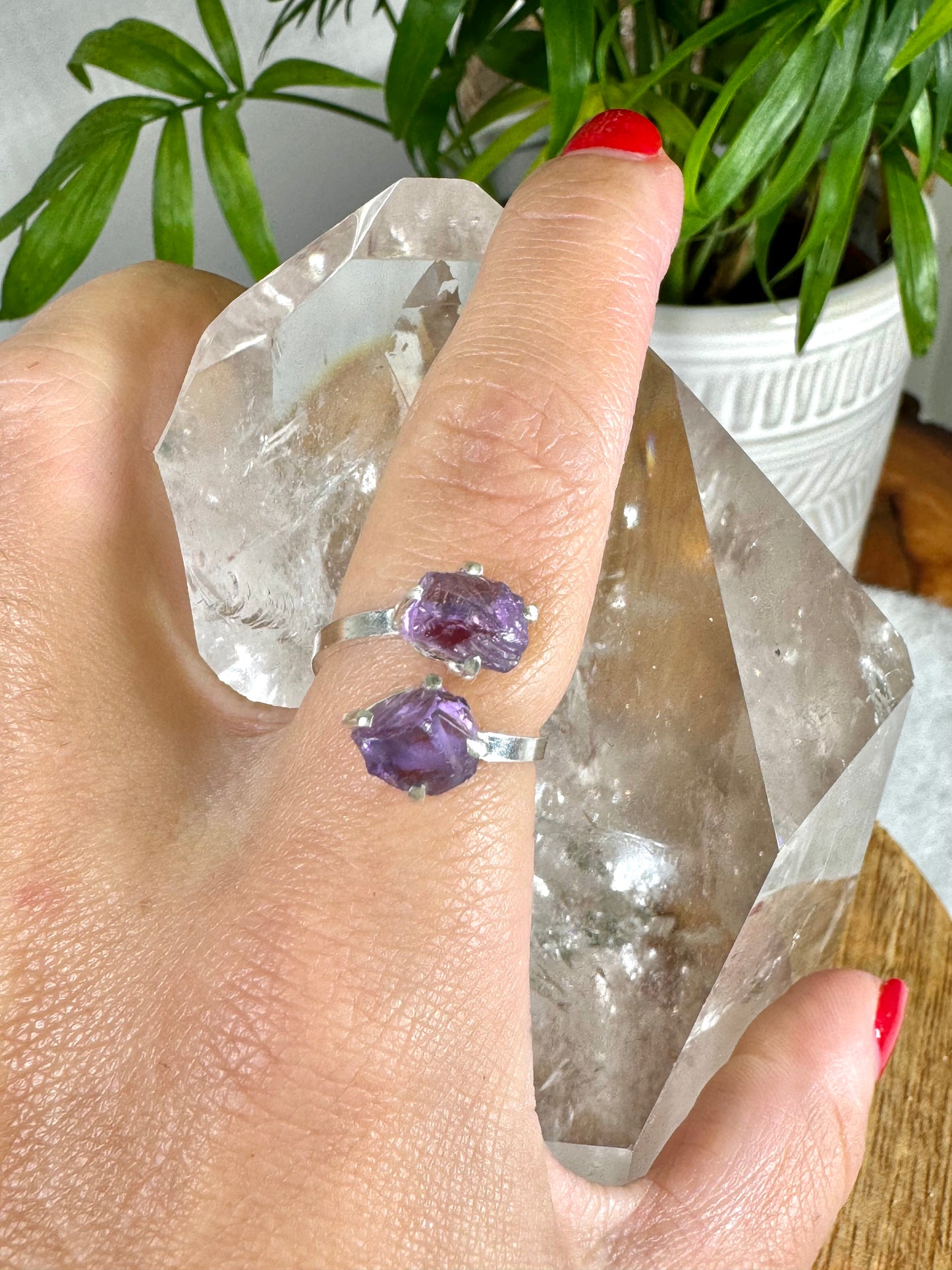 925 Silver Adjustable Amethyst Double Ring | Handmade