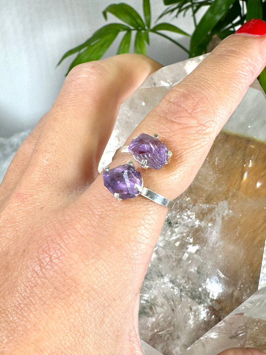 925 Silver Adjustable Amethyst Double Ring | Handmade