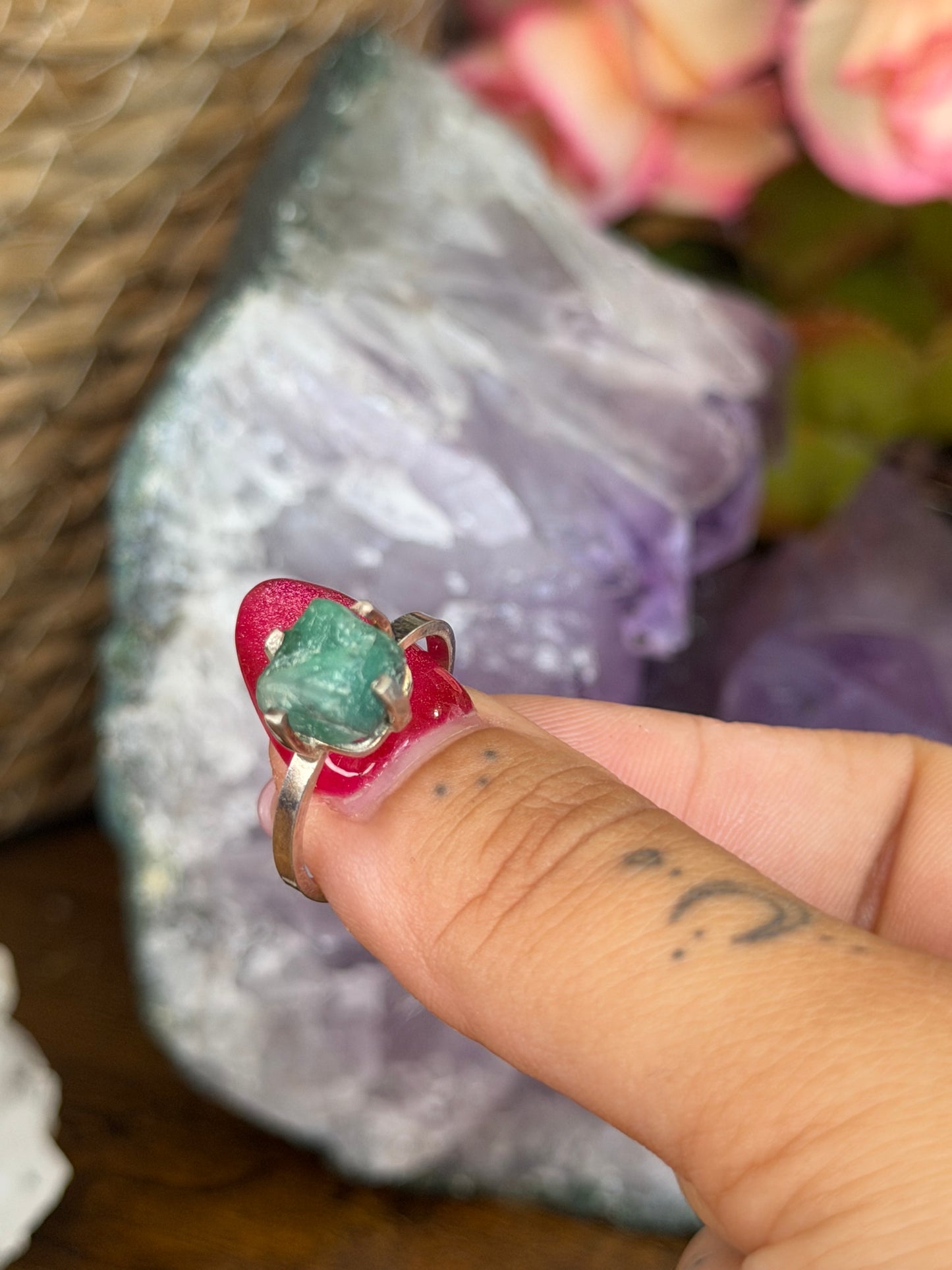 925 Silver Adjustable Raw Emerald Ring | Handmade