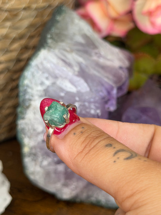 925 Silver Adjustable Raw Emerald Ring | Handmade