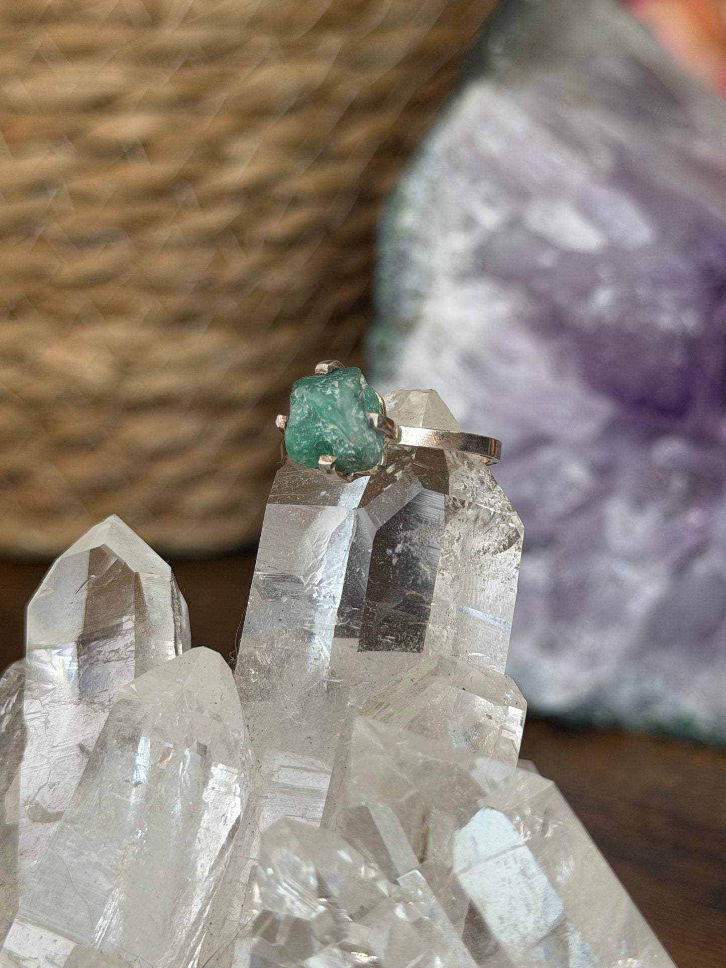 925 Silver Adjustable Raw Emerald Ring | Handmade