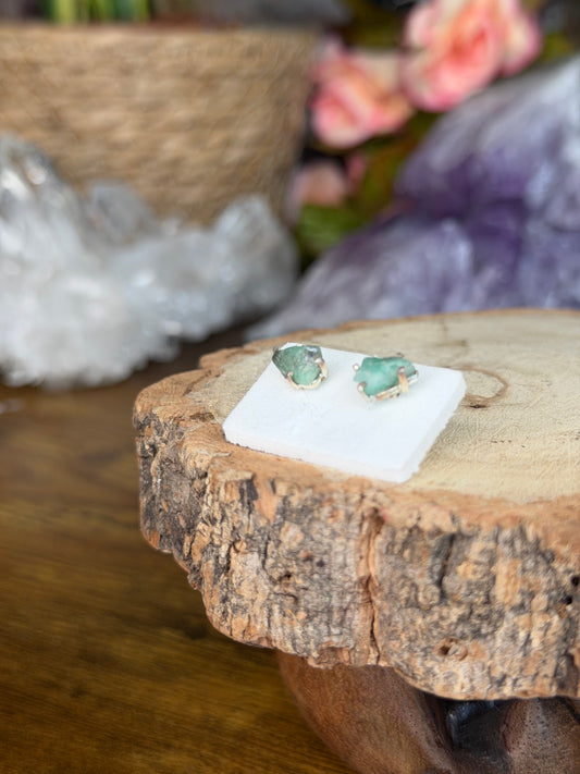 925 Silver Raw Emerald Stud Earrings | Handmade