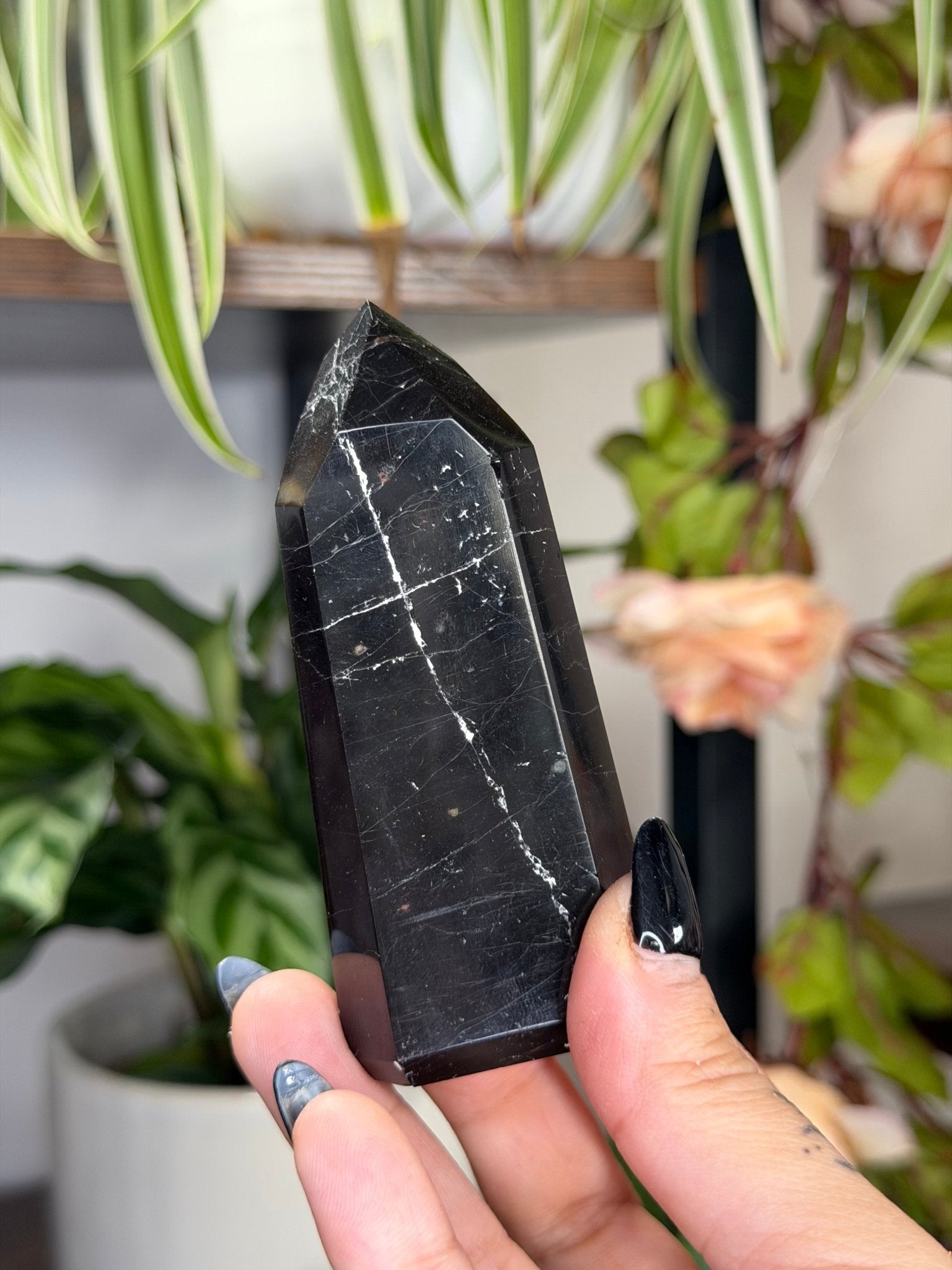 Black Tourmaline Tower with Hematite | 111g - The Crystal Valley