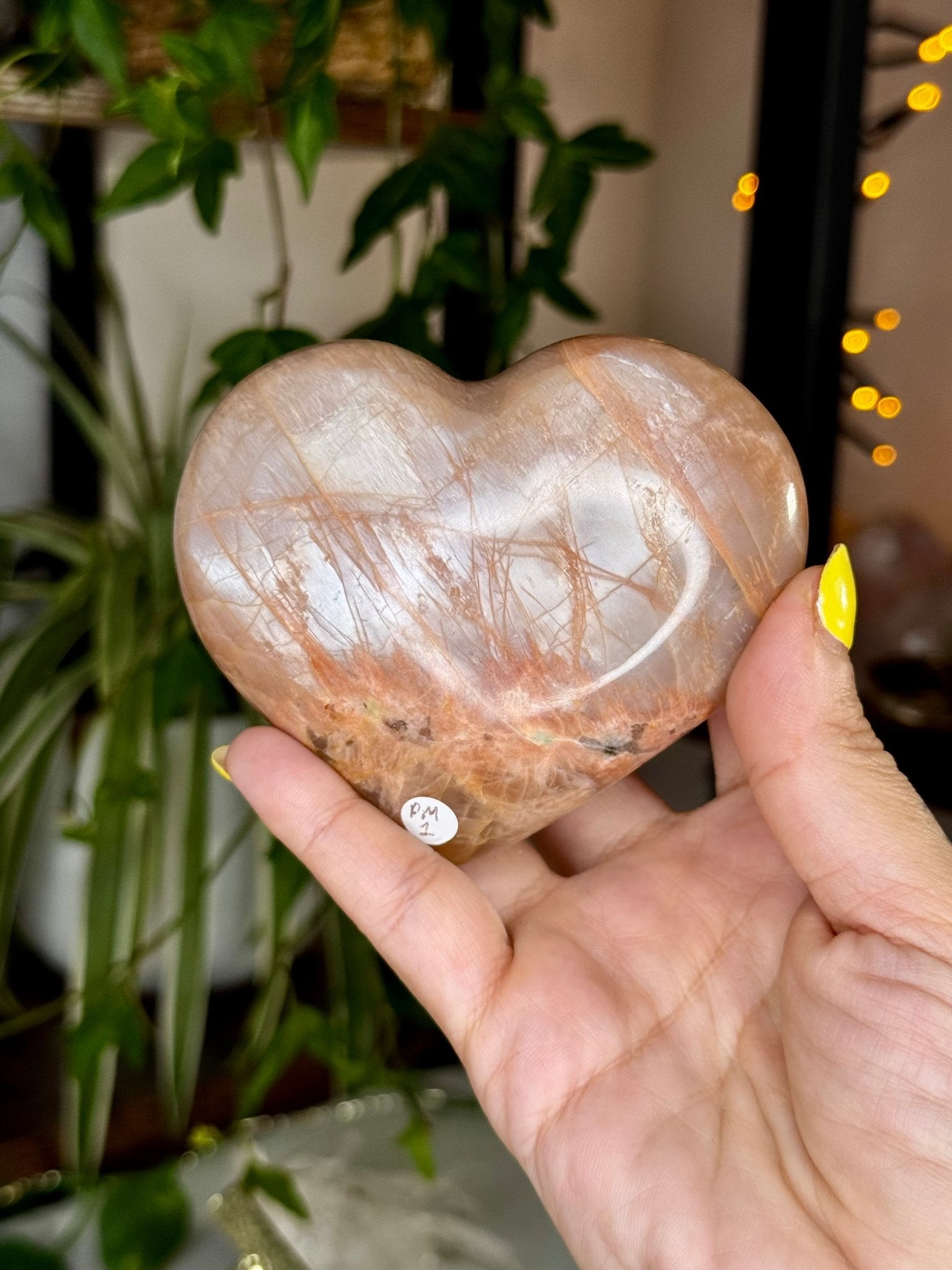 Flashy Peach Moonstone Heart with stand | 331g - The Crystal Valley