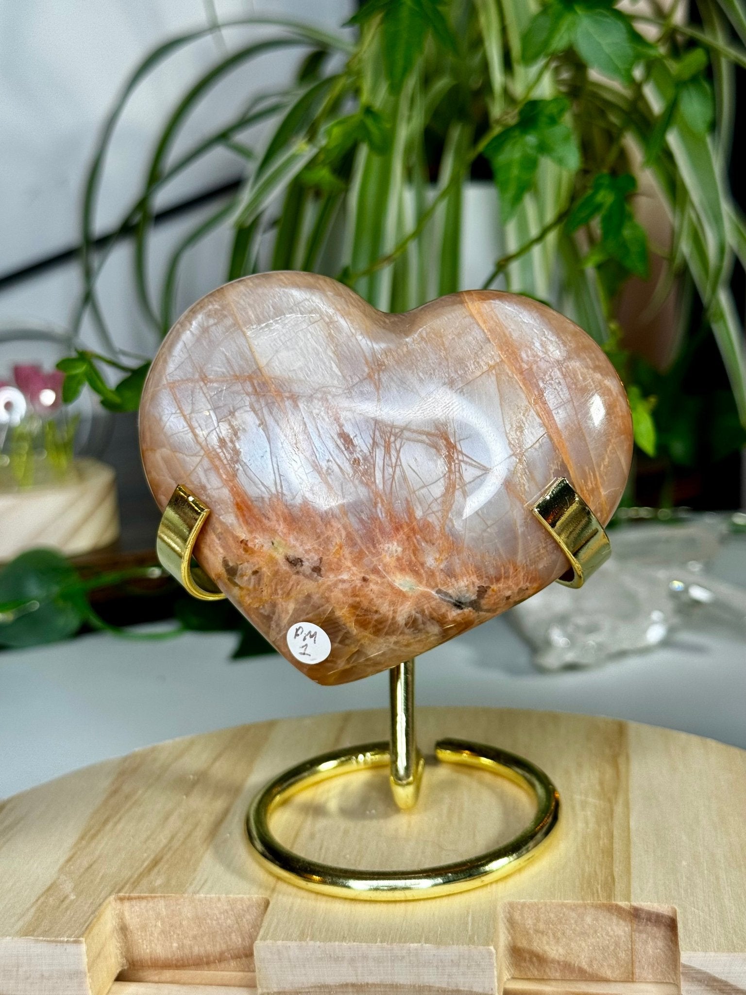Flashy Peach Moonstone Heart with stand | 331g - The Crystal Valley