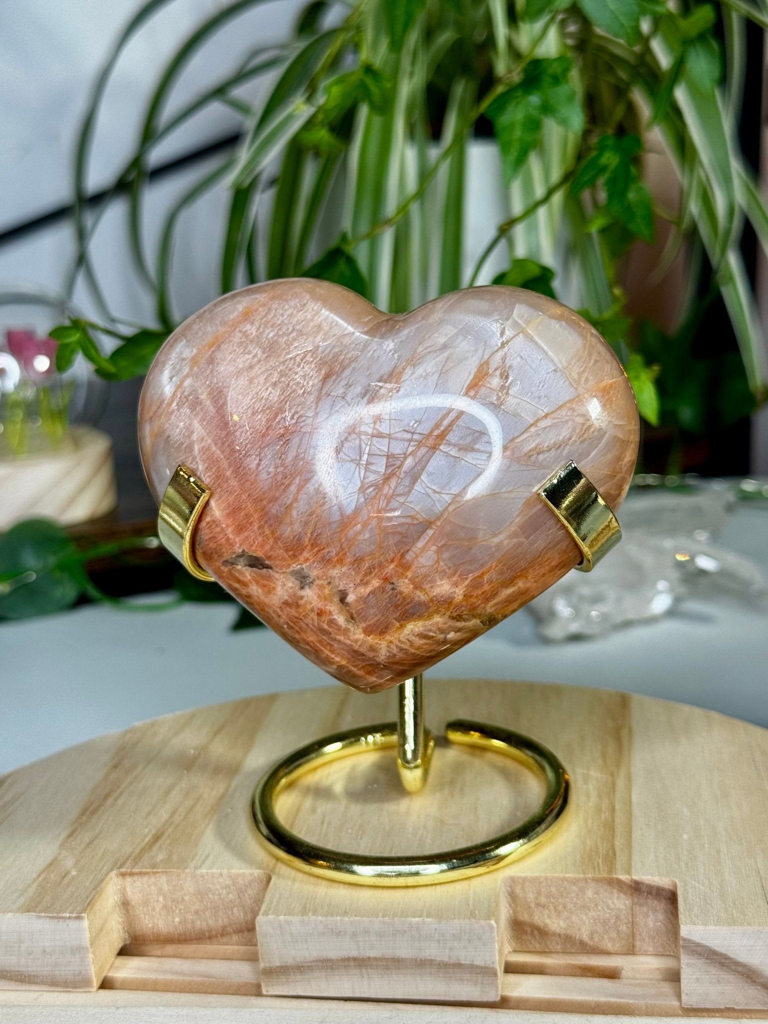 Flashy Peach Moonstone Heart with stand | 331g - The Crystal Valley